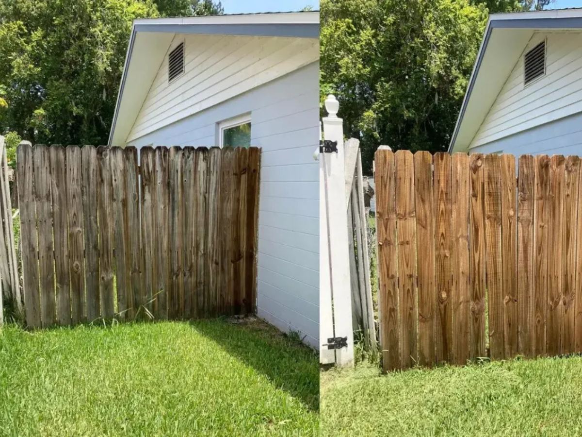 Wood fence before and after soft washing — weathered gray wood restored to natural tone