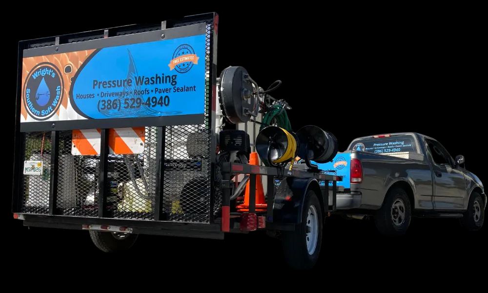 Wright's Southern Soft Wash pressure washing trailer and equipment, branded with the company logo and phone number